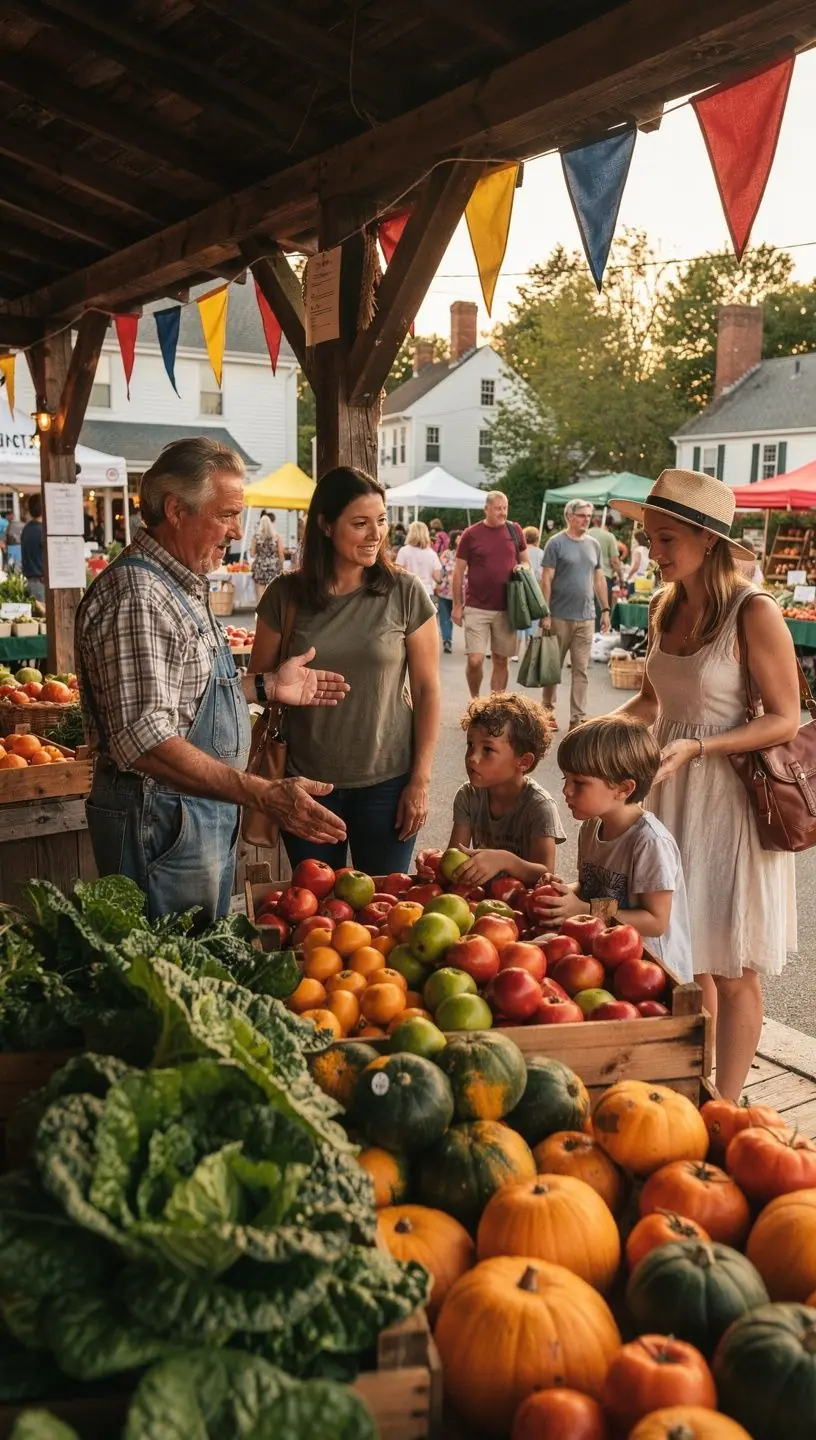 Яркий рынок фермеров с разнообразием свежих овощей и фруктов.