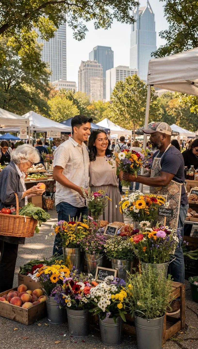 Яркий рынок фермеров с разнообразными сезонными продуктами и местными производителями.