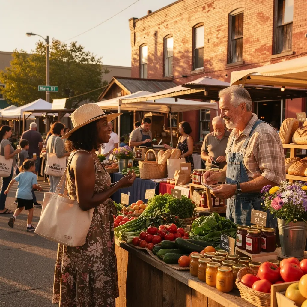 Продавец предлагает домашние изделия и органические продукты, создавая дружелюбную атмосферу.