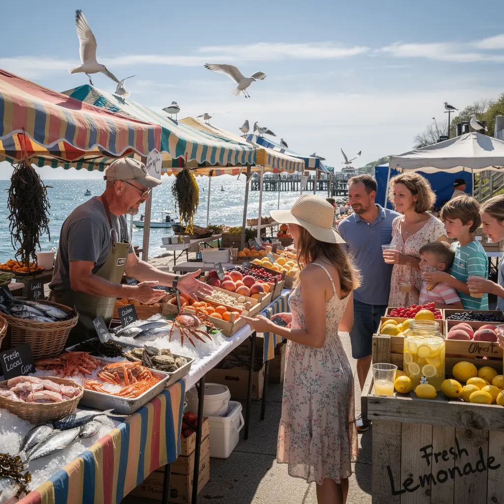 Группа туристов наслаждается атмосферой сельского рынка и общением с местными производителями.