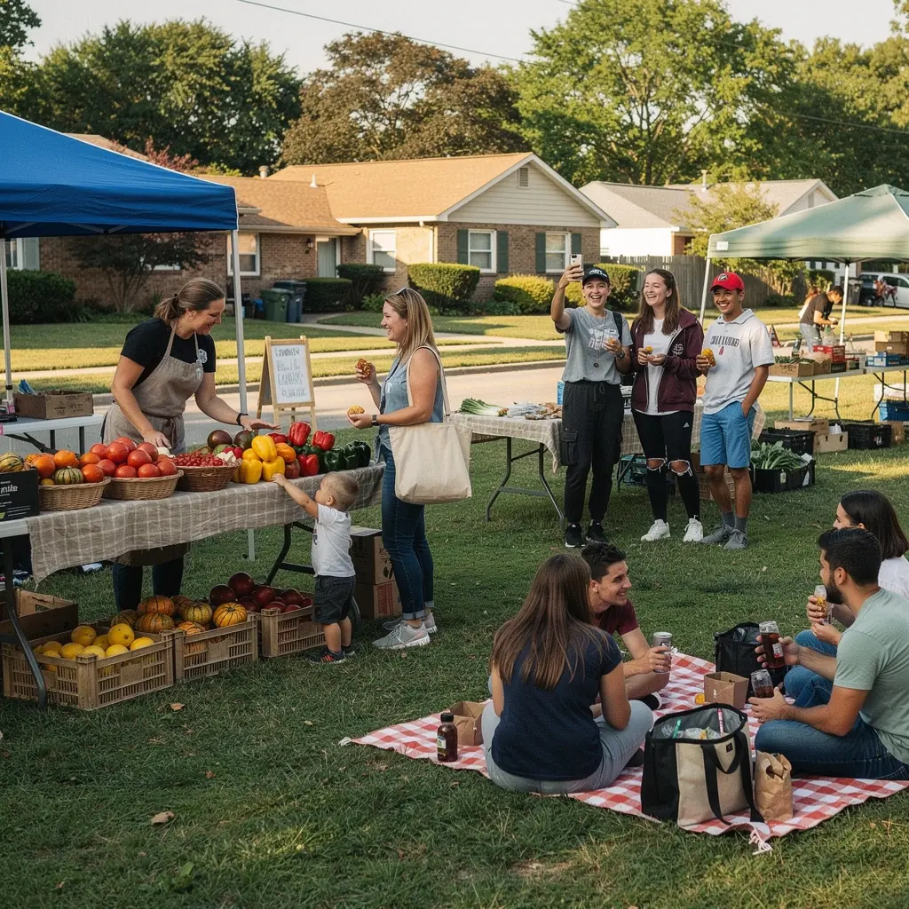 Солнечный день на рынке, где покупатели наслаждаются свежими продуктами
